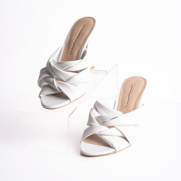 Veronica Beard Womens Alin Woven Heels Sandals White Leather Mules 6 EU 36